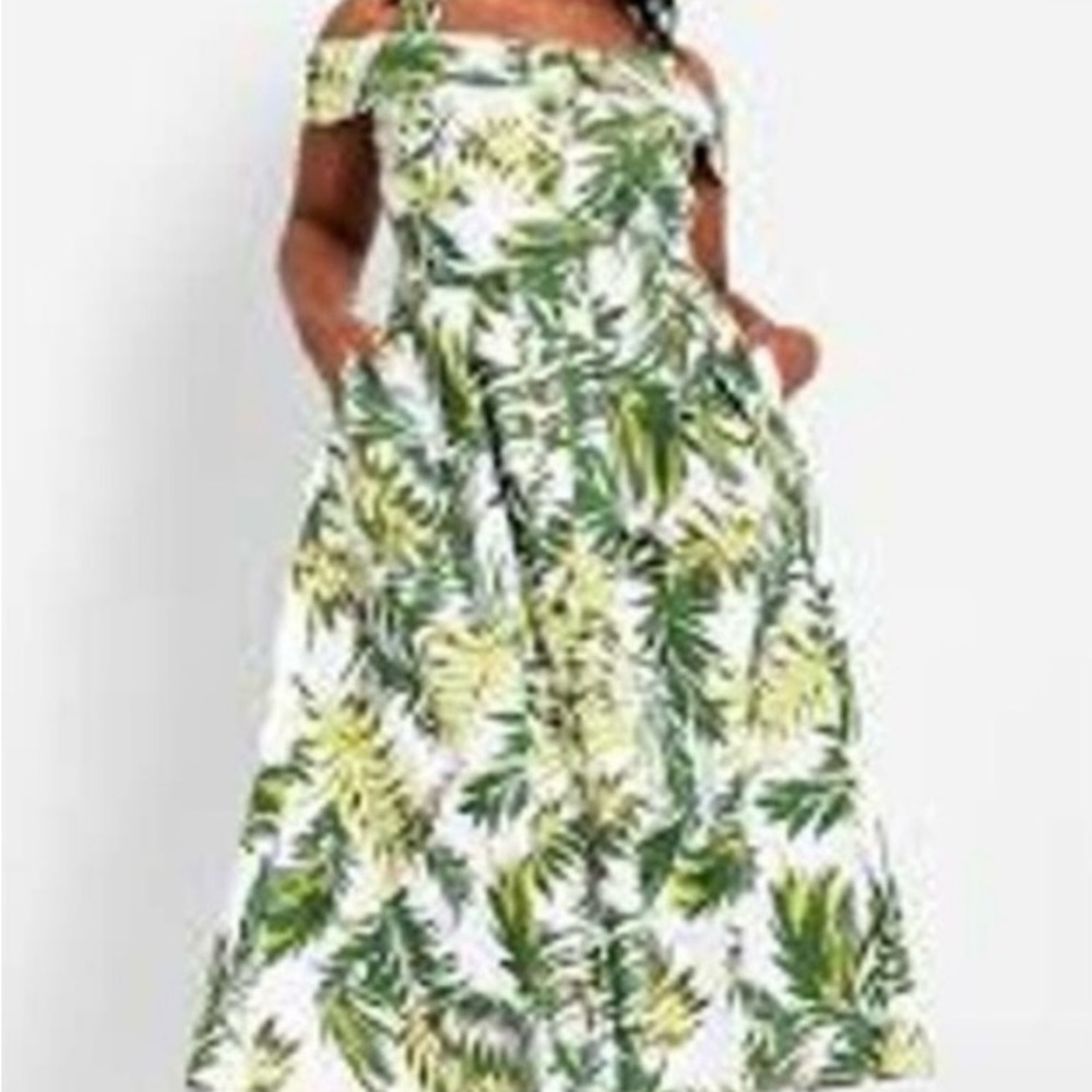 Ashley Stewart linen blend palm leaf belted maxi dress